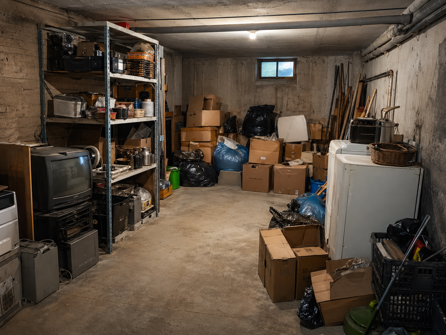 Podrum sa kutijama, policama i starim uređajima